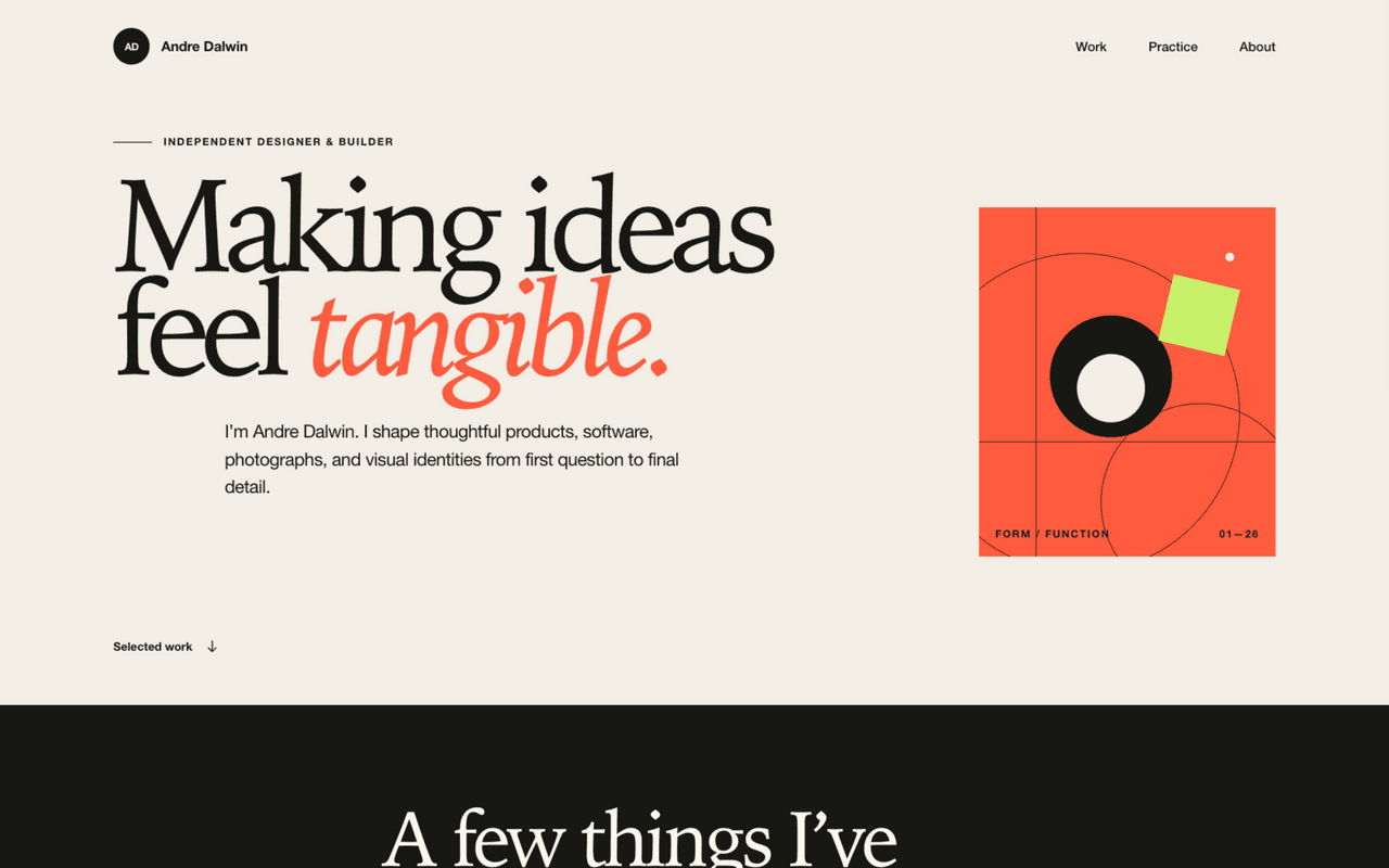 A blind AI-generated portfolio landing page for Andre Dalwin with an oversized serif headline, orange geometric artwork, and a selected work section