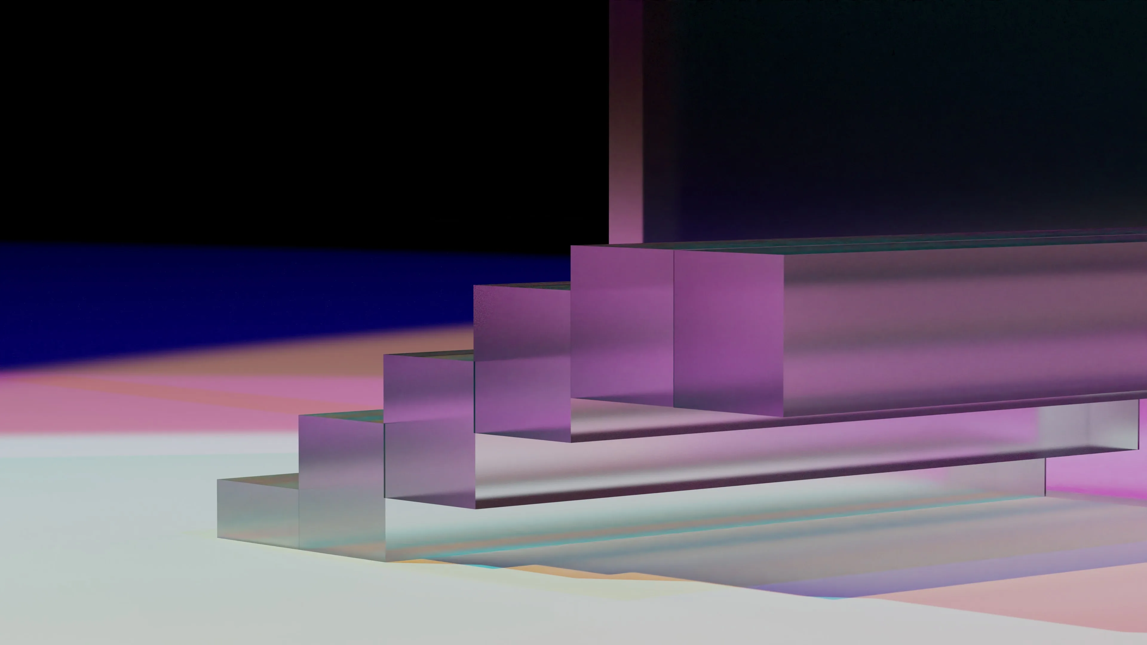 Glassy stairs lit by blue, pink, and purple light