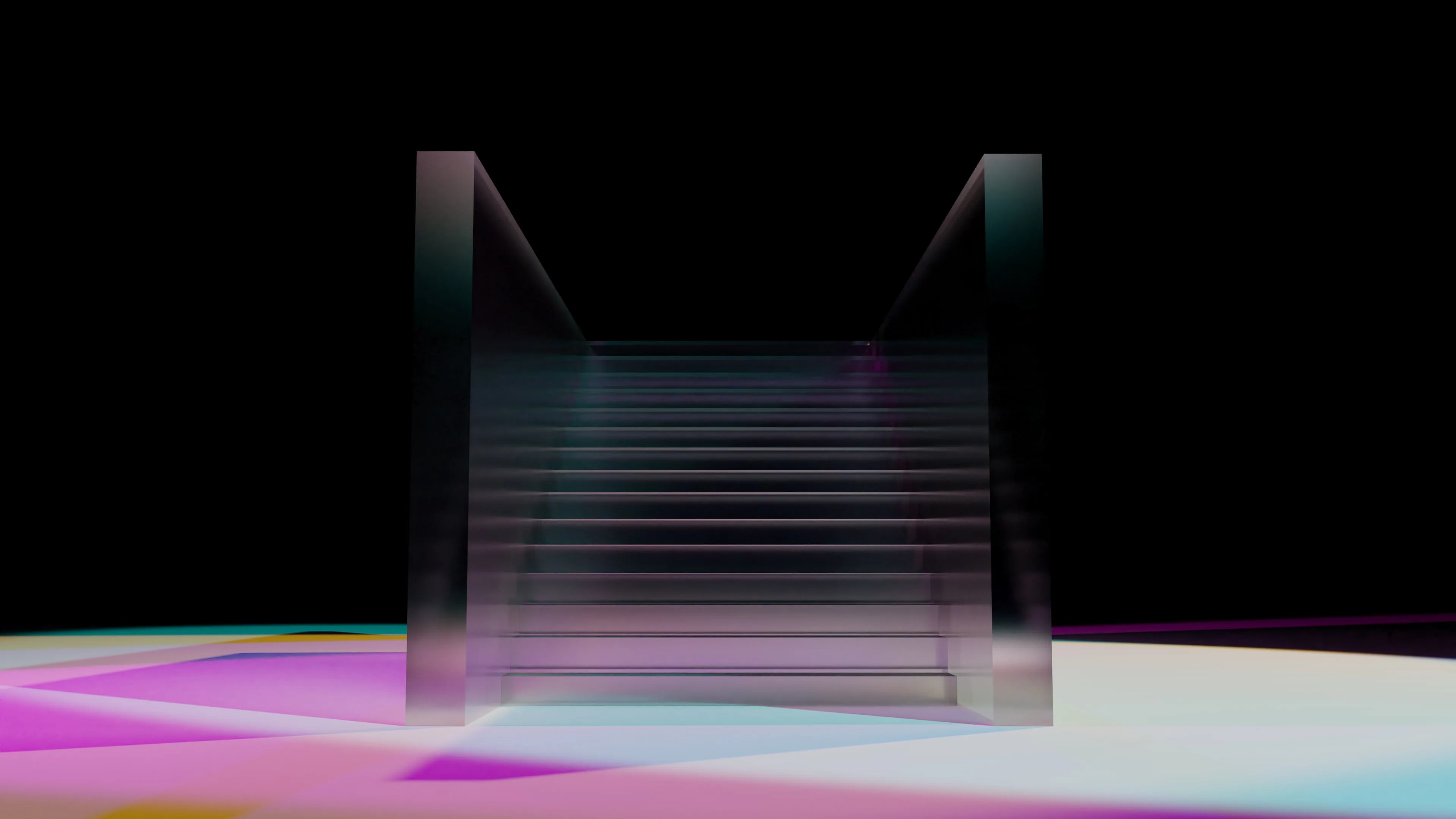 A glass staircase with colored lights reflecting across it