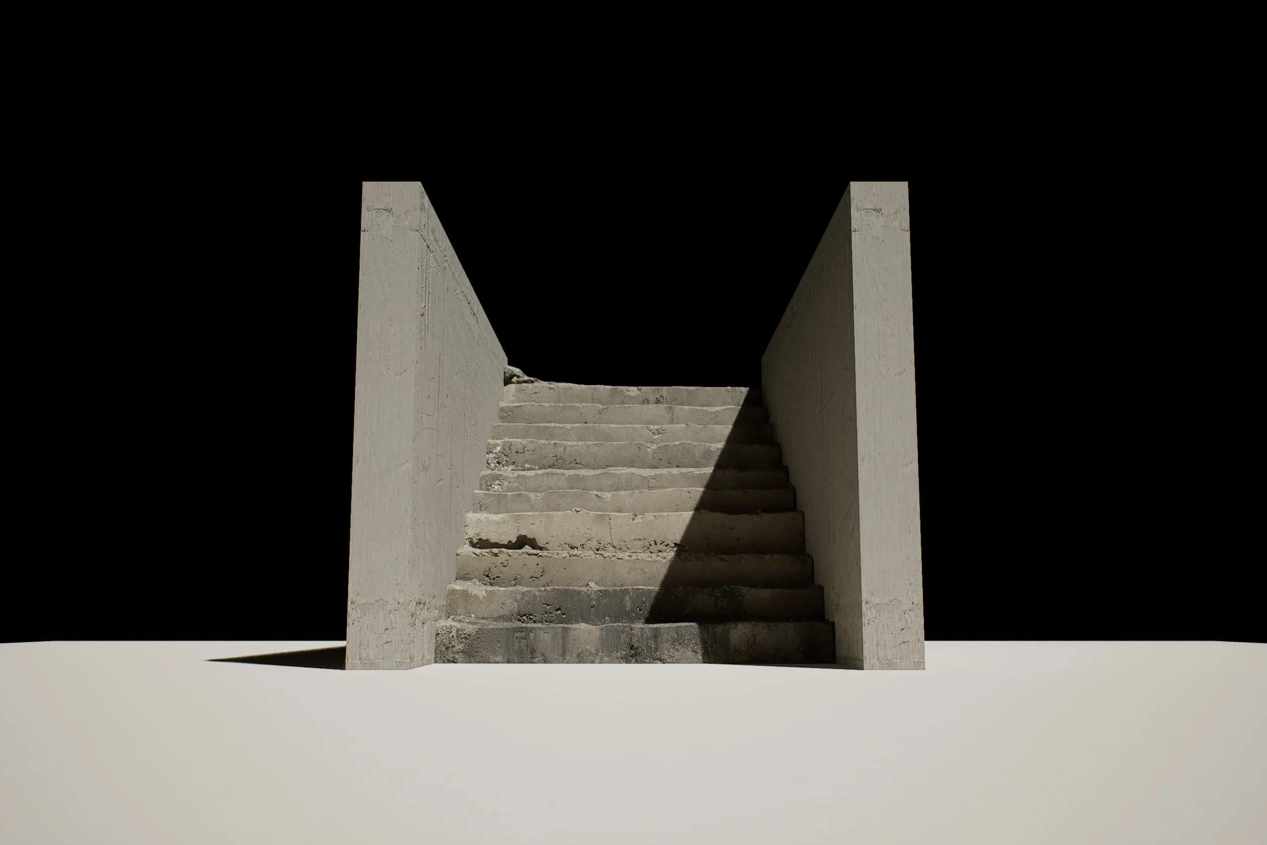 A glass staircase transitioning into concrete against black