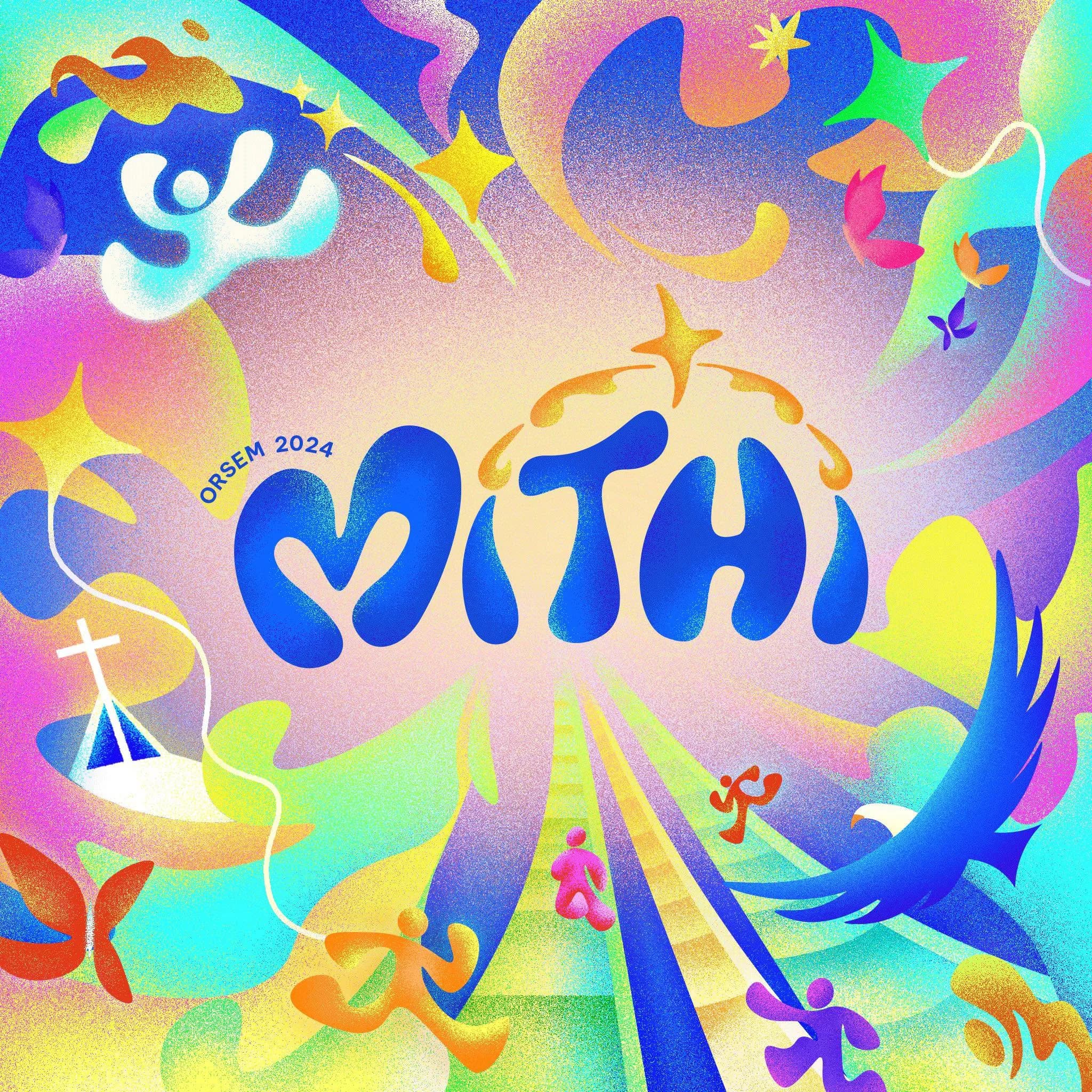 OrSem 2024 Mithi identity with colorful figures moving toward the wordmark