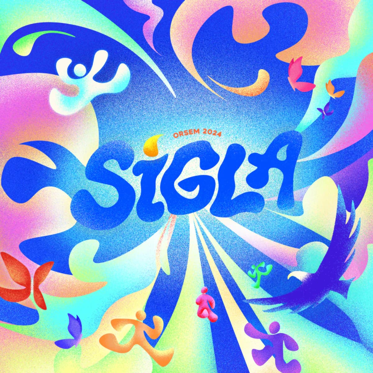 Sigla theme proposal with running figures and flowing colorful forms