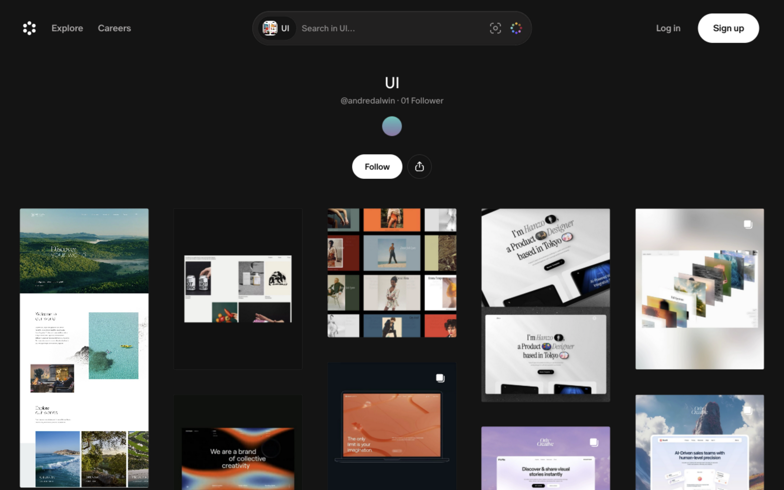 Andre Dalwin’s UI mood board on Cosmos, showing a mosaic of website and interface references