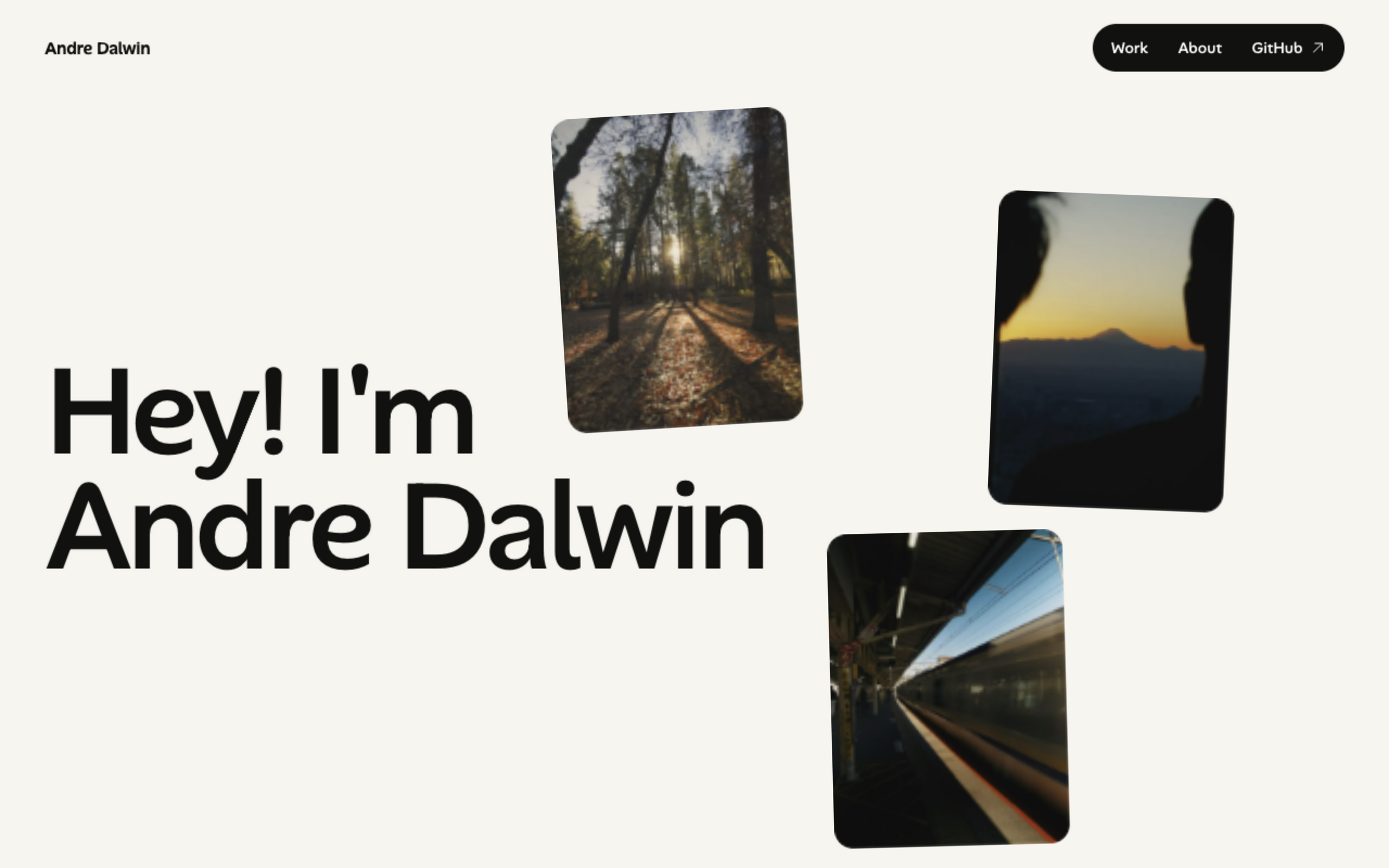 Andre Dalwin’s current portfolio hero with a simple introduction and three of his photographs developed around the page